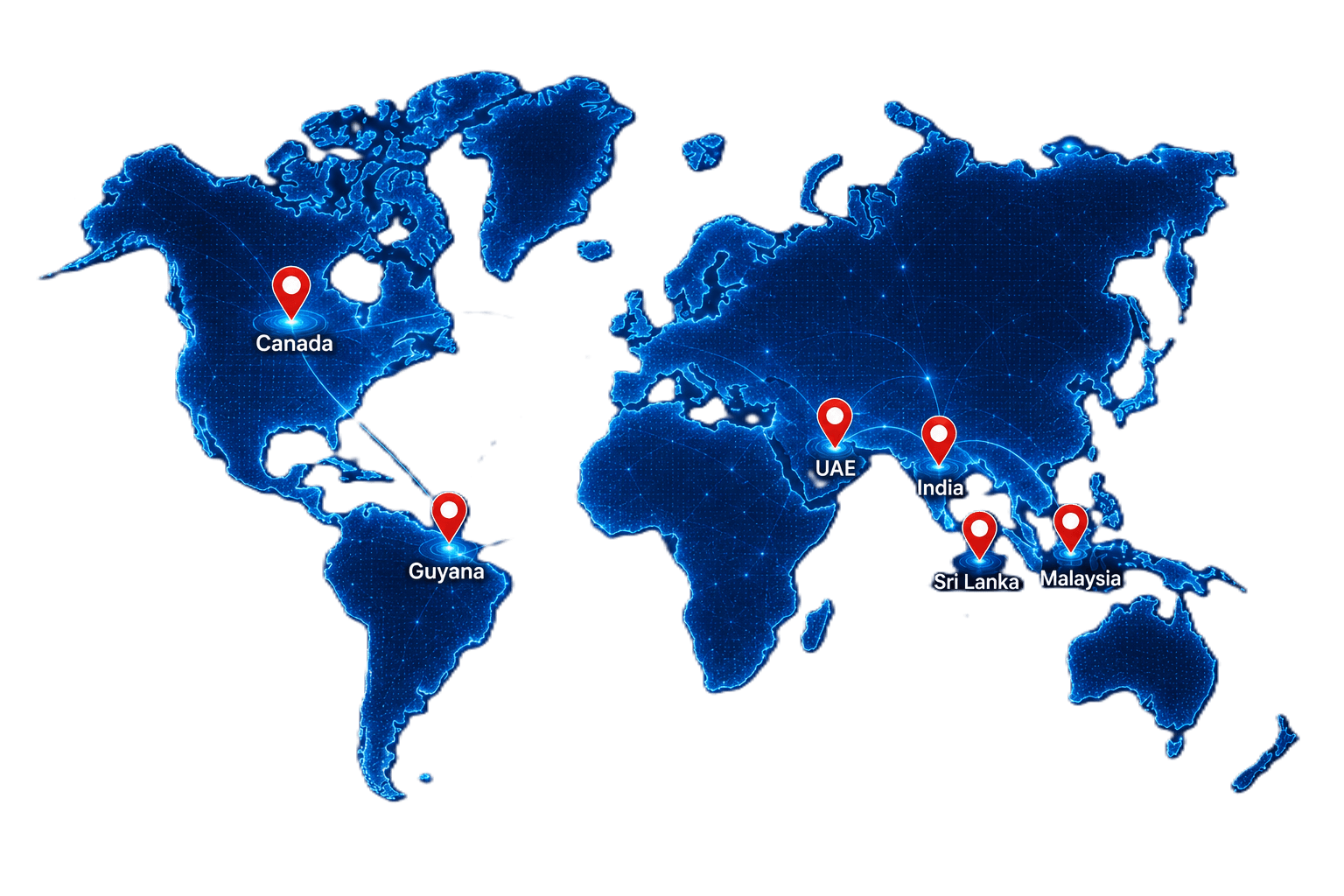 WinAsia international footprint — Canada, Guyana, UAE, India, Sri Lanka, and Malaysia
